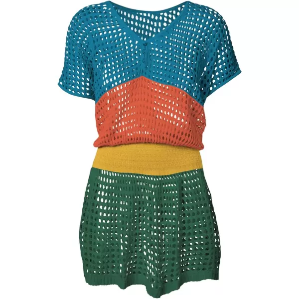 Bsubseach Women Crochet Hollow Out Swim Cover Ups Short Sleeve Beach Swimwear Tunic Dress