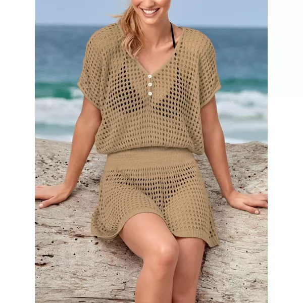 Bsubseach Women Crochet Hollow Out Swim Cover Ups Short Sleeve Beach Swimwear Tunic Dress