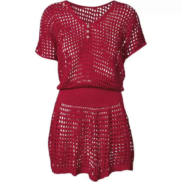 Bsubseach Women Crochet Hollow Out Swim Cover Ups Short Sleeve Beach Swimwear Tunic Dress