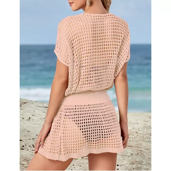 Bsubseach Women Crochet Hollow Out Swim Cover Ups Short Sleeve Beach Swimwear Tunic Dress