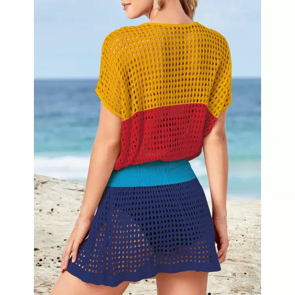 Bsubseach Women Crochet Hollow Out Swim Cover Ups Short Sleeve Beach Swimwear Tunic Dress