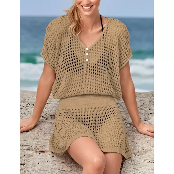 Bsubseach Women Crochet Hollow Out Swim Cover Ups Short Sleeve Beach Swimwear Tunic Dress