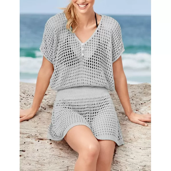 Bsubseach Women Crochet Hollow Out Swim Cover Ups Short Sleeve Beach Swimwear Tunic Dress