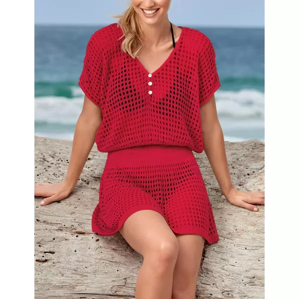 Bsubseach Women Crochet Hollow Out Swim Cover Ups Short Sleeve Beach Swimwear Tunic Dress