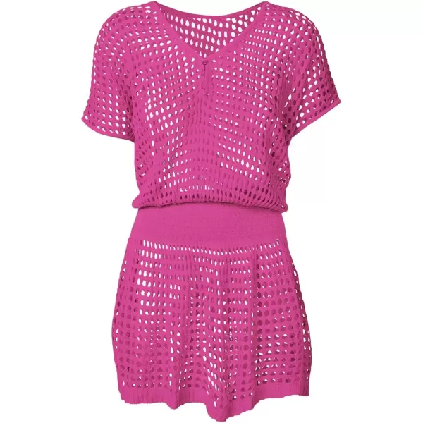Bsubseach Women Crochet Hollow Out Swim Cover Ups Short Sleeve Beach Swimwear Tunic Dress