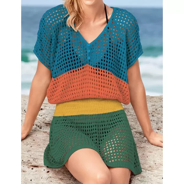 Bsubseach Women Crochet Hollow Out Swim Cover Ups Short Sleeve Beach Swimwear Tunic Dress