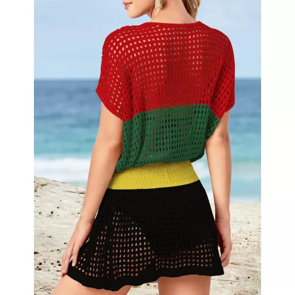 Bsubseach Women Crochet Hollow Out Swim Cover Ups Short Sleeve Beach Swimwear Tunic Dress