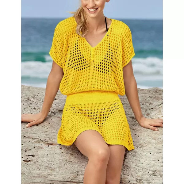 Bsubseach Women Crochet Hollow Out Swim Cover Ups Short Sleeve Beach Swimwear Tunic Dress