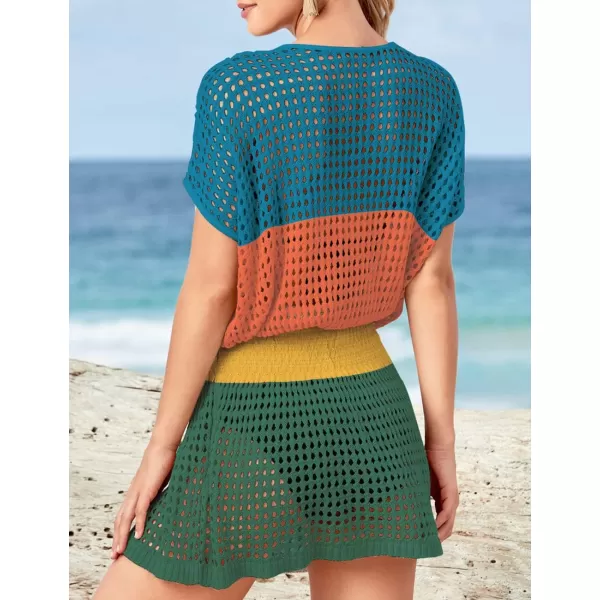 Bsubseach Women Crochet Hollow Out Swim Cover Ups Short Sleeve Beach Swimwear Tunic Dress