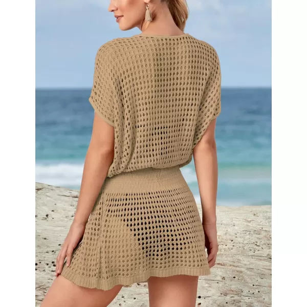 Bsubseach Women Crochet Hollow Out Swim Cover Ups Short Sleeve Beach Swimwear Tunic Dress