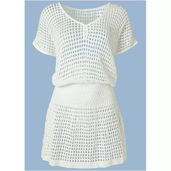 Bsubseach Women Crochet Hollow Out Swim Cover Ups Short Sleeve Beach Swimwear Tunic Dress