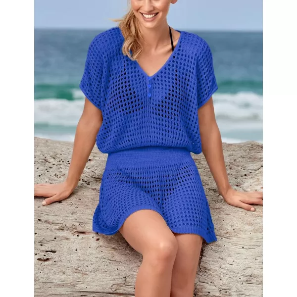 Bsubseach Women Crochet Hollow Out Swim Cover Ups Short Sleeve Beach Swimwear Tunic Dress