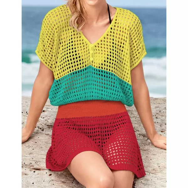 Bsubseach Women Crochet Hollow Out Swim Cover Ups Short Sleeve Beach Swimwear Tunic Dress
