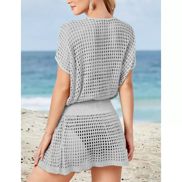 Bsubseach Women Crochet Hollow Out Swim Cover Ups Short Sleeve Beach Swimwear Tunic Dress