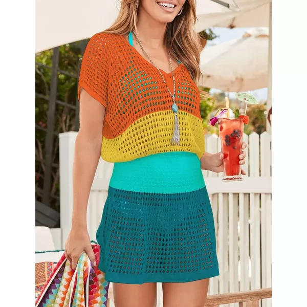 Bsubseach Women Crochet Hollow Out Swim Cover Ups Short Sleeve Beach Swimwear Tunic Dress