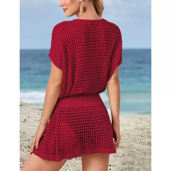 Bsubseach Women Crochet Hollow Out Swim Cover Ups Short Sleeve Beach Swimwear Tunic Dress