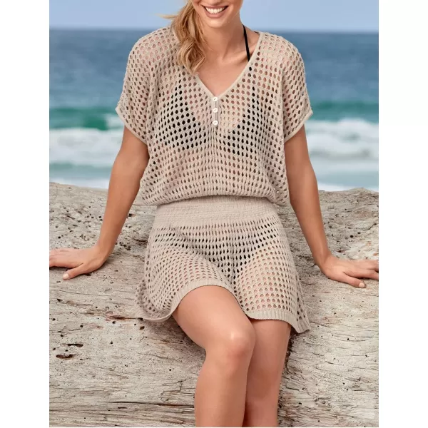 Bsubseach Women Crochet Hollow Out Swim Cover Ups Short Sleeve Beach Swimwear Tunic Dress