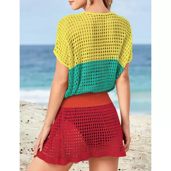 Bsubseach Women Crochet Hollow Out Swim Cover Ups Short Sleeve Beach Swimwear Tunic Dress