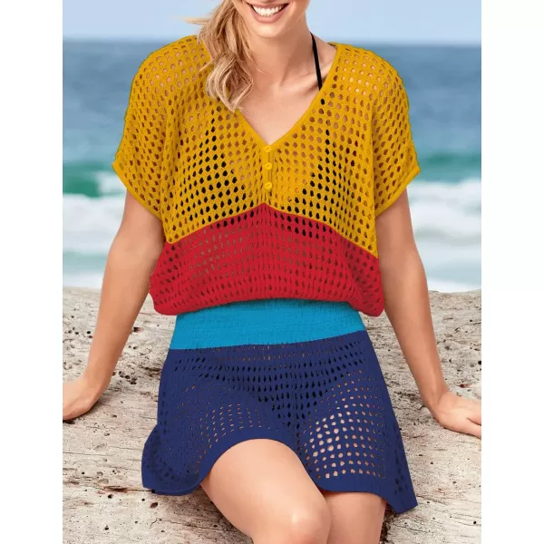 Bsubseach Women Crochet Hollow Out Swim Cover Ups Short Sleeve Beach Swimwear Tunic Dress