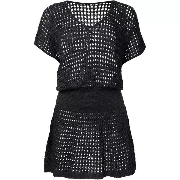 Bsubseach Women Crochet Hollow Out Swim Cover Ups Short Sleeve Beach Swimwear Tunic Dress