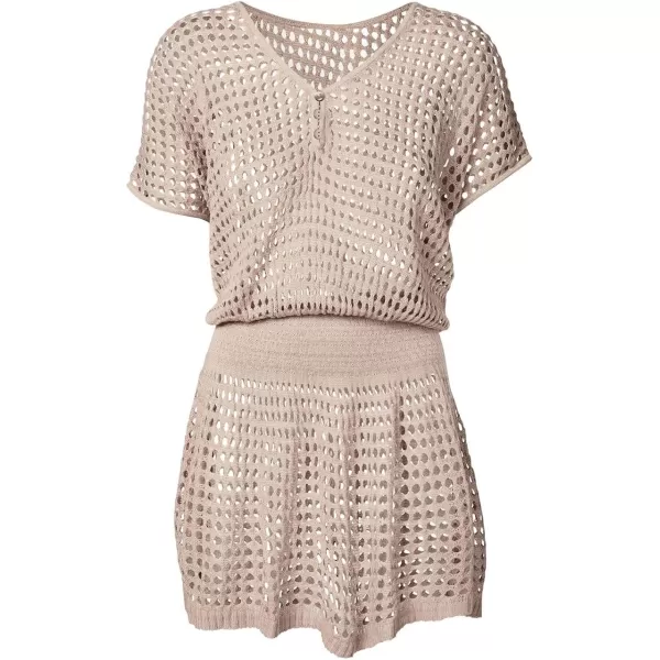 Bsubseach Women Crochet Hollow Out Swim Cover Ups Short Sleeve Beach Swimwear Tunic Dress