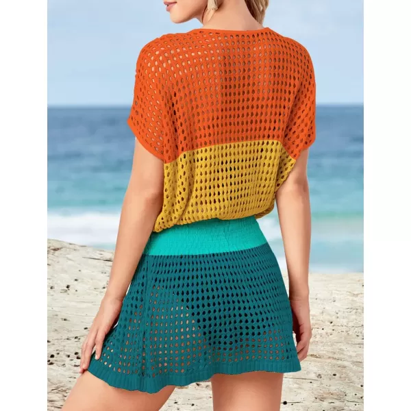 Bsubseach Women Crochet Hollow Out Swim Cover Ups Short Sleeve Beach Swimwear Tunic Dress