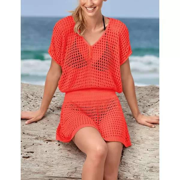 Bsubseach Women Crochet Hollow Out Swim Cover Ups Short Sleeve Beach Swimwear Tunic Dress