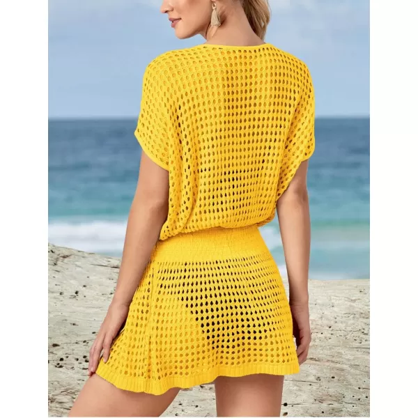 Bsubseach Women Crochet Hollow Out Swim Cover Ups Short Sleeve Beach Swimwear Tunic Dress