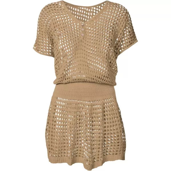Bsubseach Women Crochet Hollow Out Swim Cover Ups Short Sleeve Beach Swimwear Tunic Dress