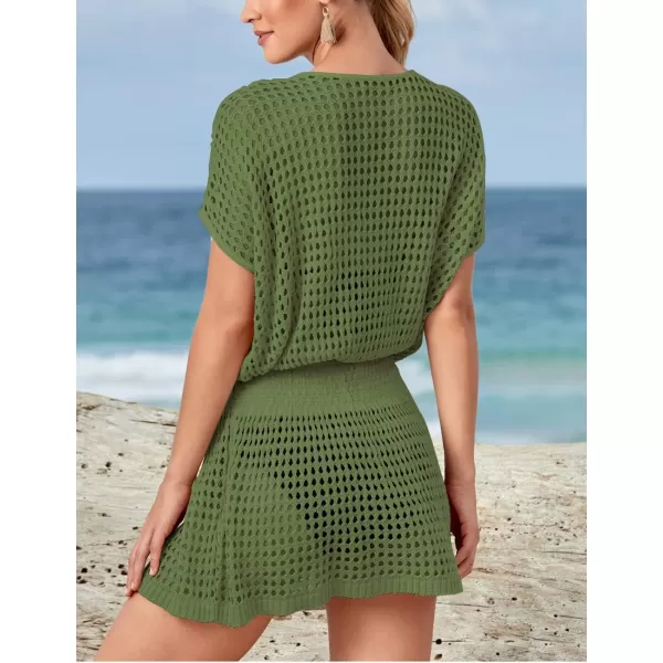 Bsubseach Women Crochet Hollow Out Swim Cover Ups Short Sleeve Beach Swimwear Tunic Dress