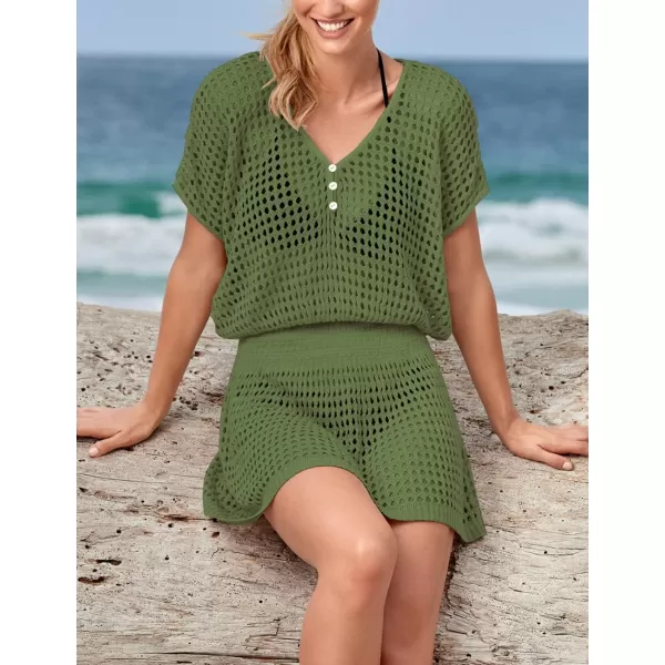 Bsubseach Women Crochet Hollow Out Swim Cover Ups Short Sleeve Beach Swimwear Tunic Dress
