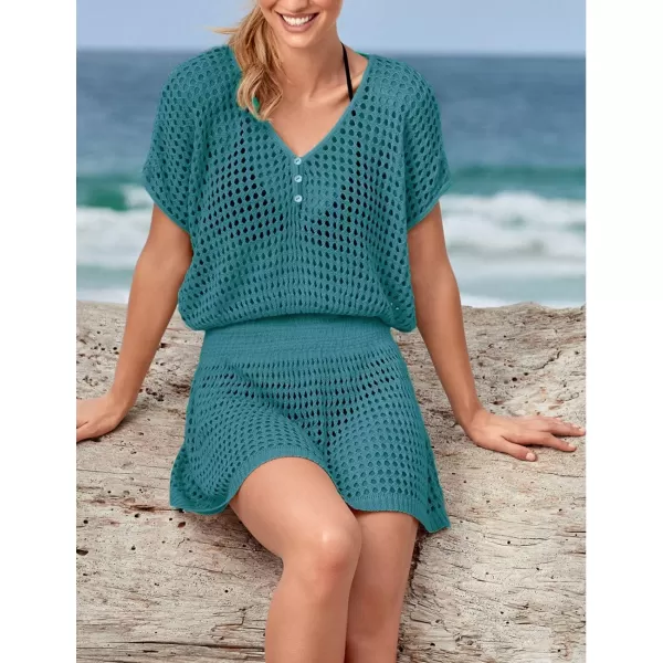 Bsubseach Women Crochet Hollow Out Swim Cover Ups Short Sleeve Beach Swimwear Tunic Dress