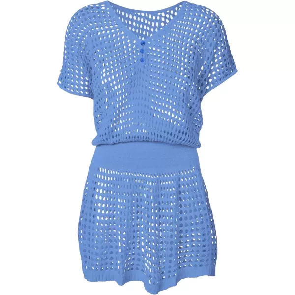 Bsubseach Women Crochet Hollow Out Swim Cover Ups Short Sleeve Beach Swimwear Tunic Dress