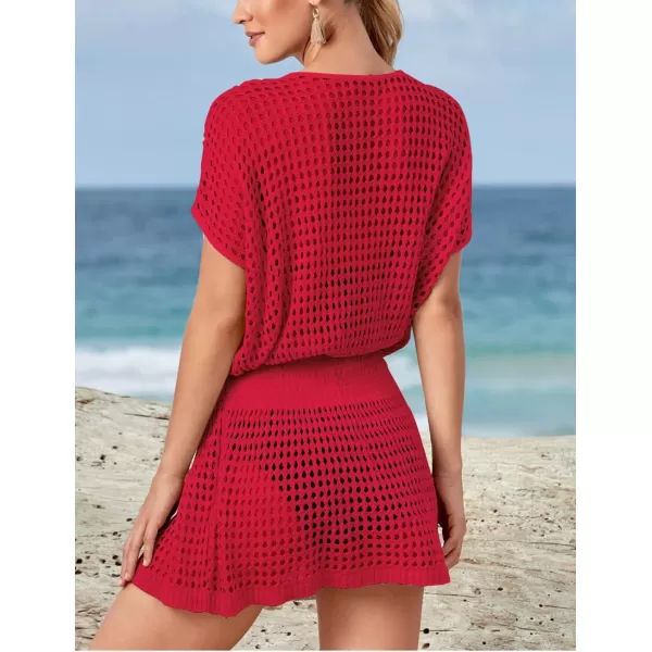Bsubseach Women Crochet Hollow Out Swim Cover Ups Short Sleeve Beach Swimwear Tunic Dress