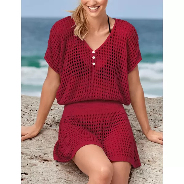 Bsubseach Women Crochet Hollow Out Swim Cover Ups Short Sleeve Beach Swimwear Tunic Dress