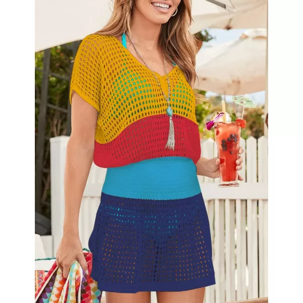 Bsubseach Women Crochet Hollow Out Swim Cover Ups Short Sleeve Beach Swimwear Tunic Dress