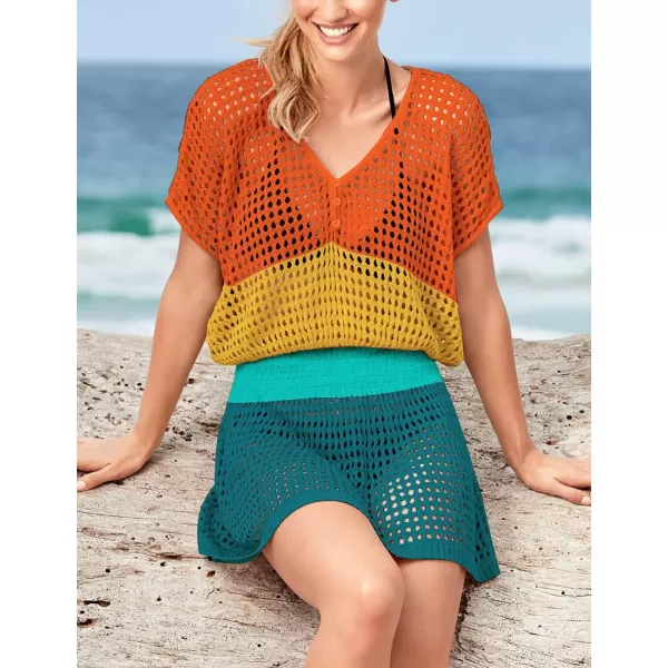 Bsubseach Women Crochet Hollow Out Swim Cover Ups Short Sleeve Beach Swimwear Tunic Dress