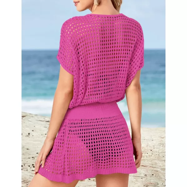 Bsubseach Women Crochet Hollow Out Swim Cover Ups Short Sleeve Beach Swimwear Tunic Dress