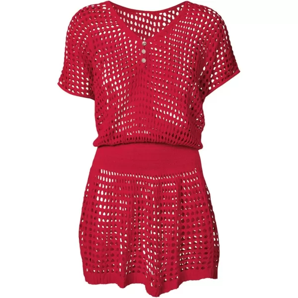 Bsubseach Women Crochet Hollow Out Swim Cover Ups Short Sleeve Beach Swimwear Tunic Dress