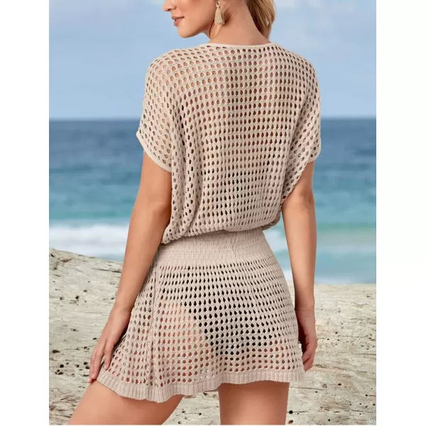 Bsubseach Women Crochet Hollow Out Swim Cover Ups Short Sleeve Beach Swimwear Tunic Dress