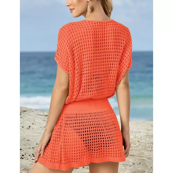 Bsubseach Women Crochet Hollow Out Swim Cover Ups Short Sleeve Beach Swimwear Tunic Dress