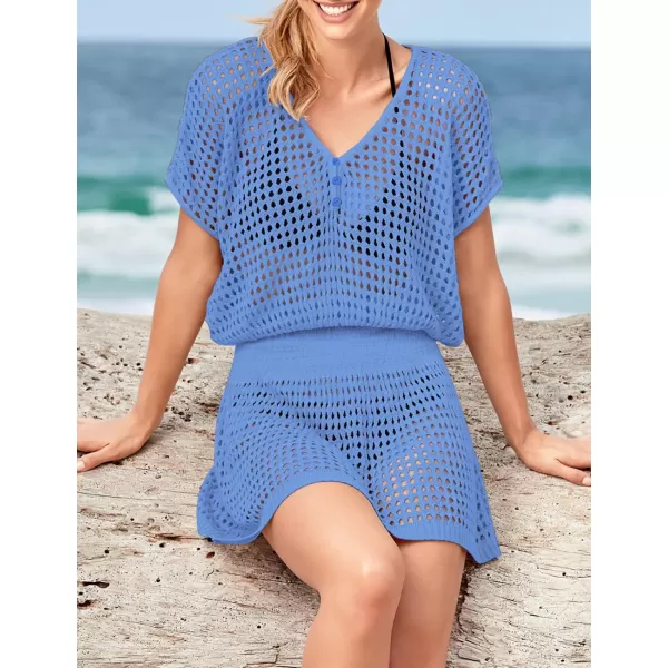 Bsubseach Women Crochet Hollow Out Swim Cover Ups Short Sleeve Beach Swimwear Tunic Dress