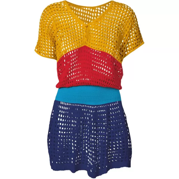 Bsubseach Women Crochet Hollow Out Swim Cover Ups Short Sleeve Beach Swimwear Tunic Dress