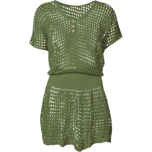 Bsubseach Women Crochet Hollow Out Swim Cover Ups Short Sleeve Beach Swimwear Tunic Dress