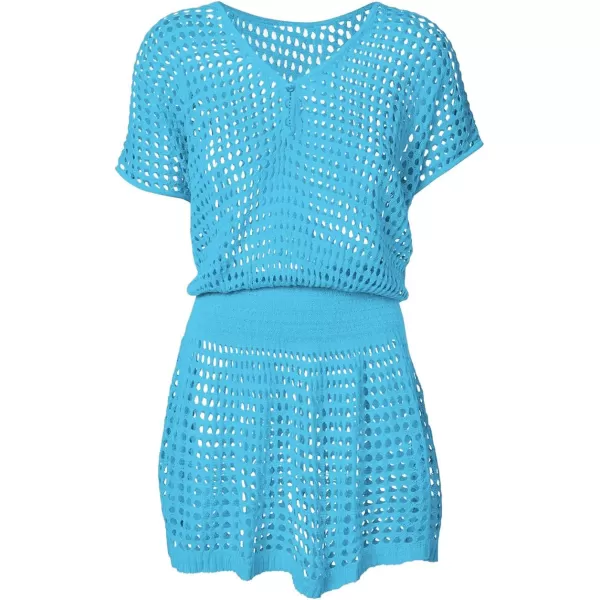 Bsubseach Women Crochet Hollow Out Swim Cover Ups Short Sleeve Beach Swimwear Tunic Dress