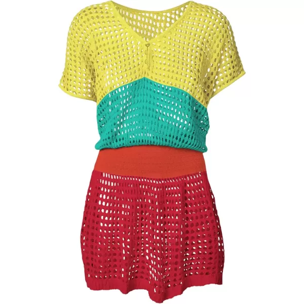 Bsubseach Women Crochet Hollow Out Swim Cover Ups Short Sleeve Beach Swimwear Tunic Dress