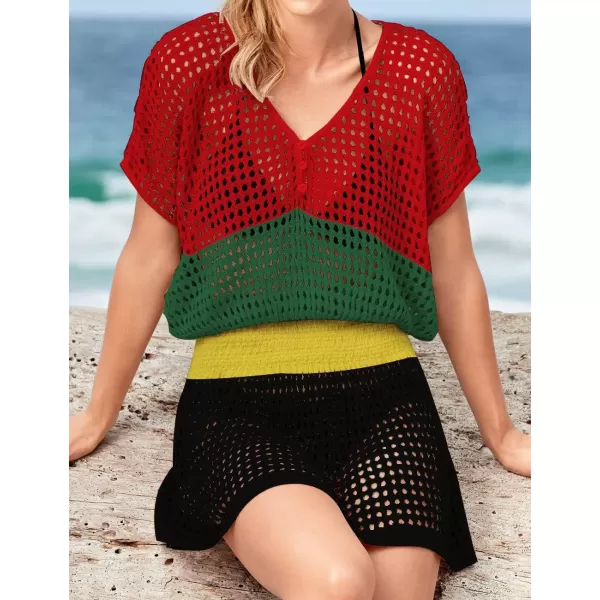 Bsubseach Women Crochet Hollow Out Swim Cover Ups Short Sleeve Beach Swimwear Tunic Dress