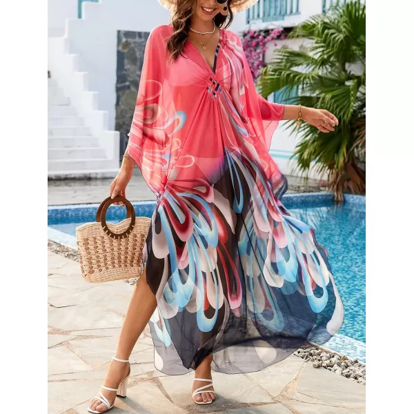 Bsubseach Women Ethnic Print Kaftan Beach Dress Mesh Sheer Swimsuit Cover Up Plus Size Caftan Dress