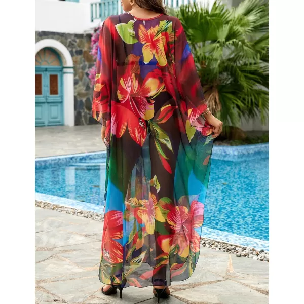 Bsubseach Women Ethnic Print Kaftan Beach Dress Mesh Sheer Swimsuit Cover Up Plus Size Caftan Dress