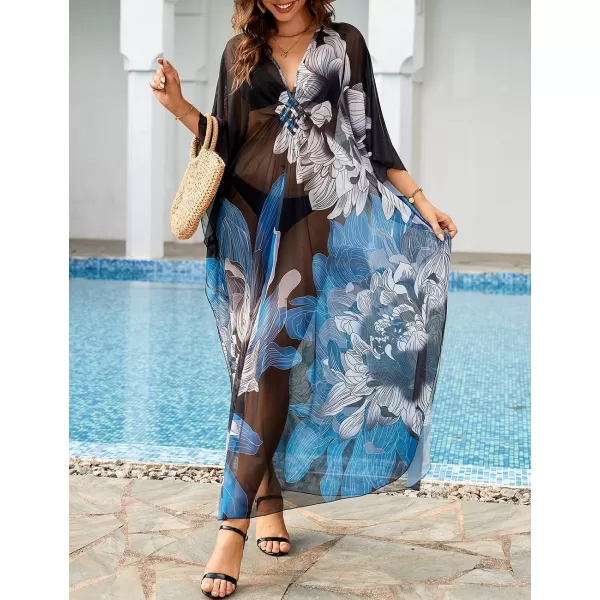 Bsubseach Women Ethnic Print Kaftan Beach Dress Mesh Sheer Swimsuit Cover Up Plus Size Caftan Dress